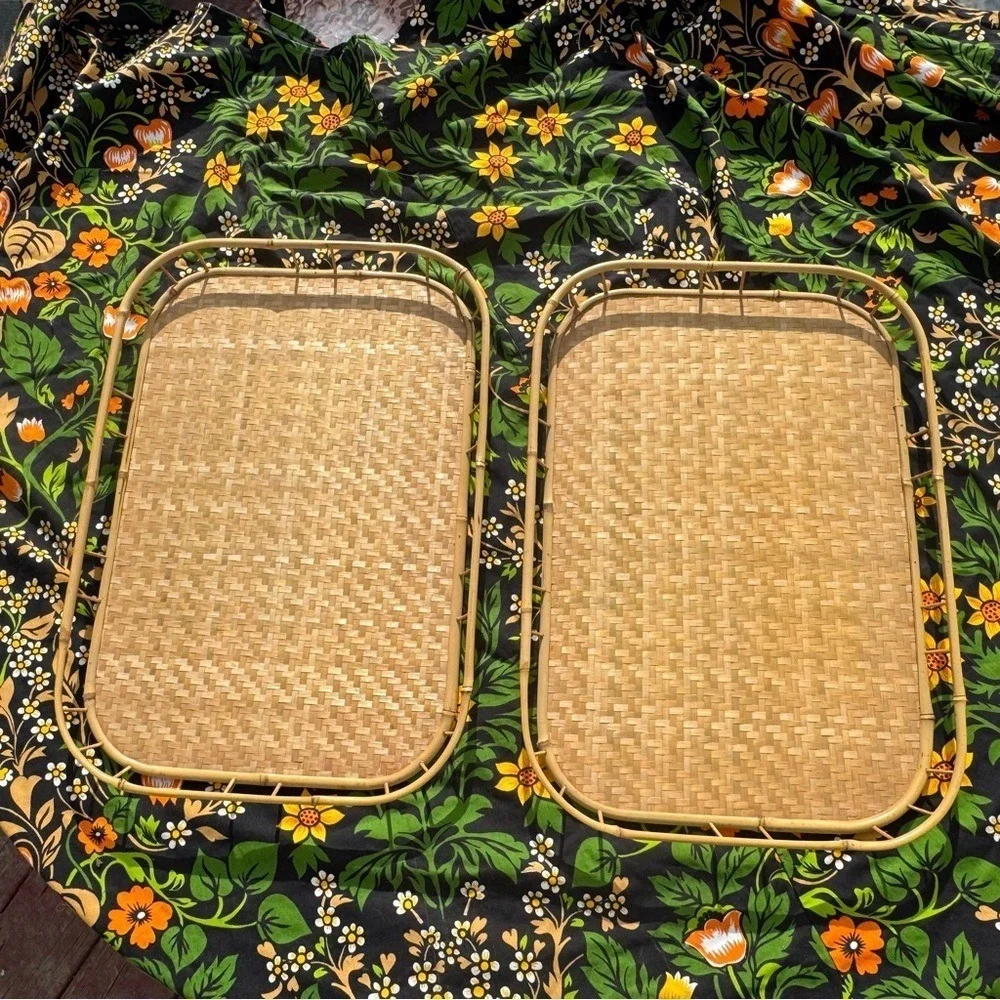Woven Rattan Serving Tray Natural Straw Color Boho Vintage Styling (6 Available)